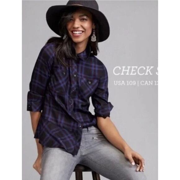 CABI Button Up Down Moody Plaid Shirt Top Blue Garnet Dark Plaid sz Small 3431 - Picture 2 of 13